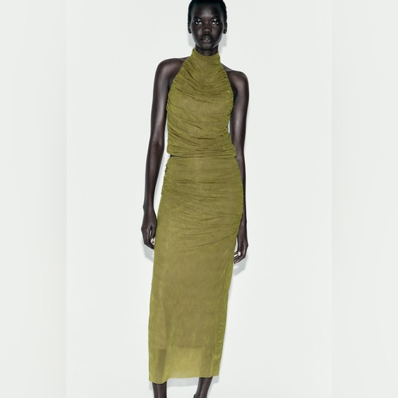 NWT Zara Ruched Organza Midi Skirt in Oil Yellow / Green / Chartreuse Brat Color - Picture 8 of 9